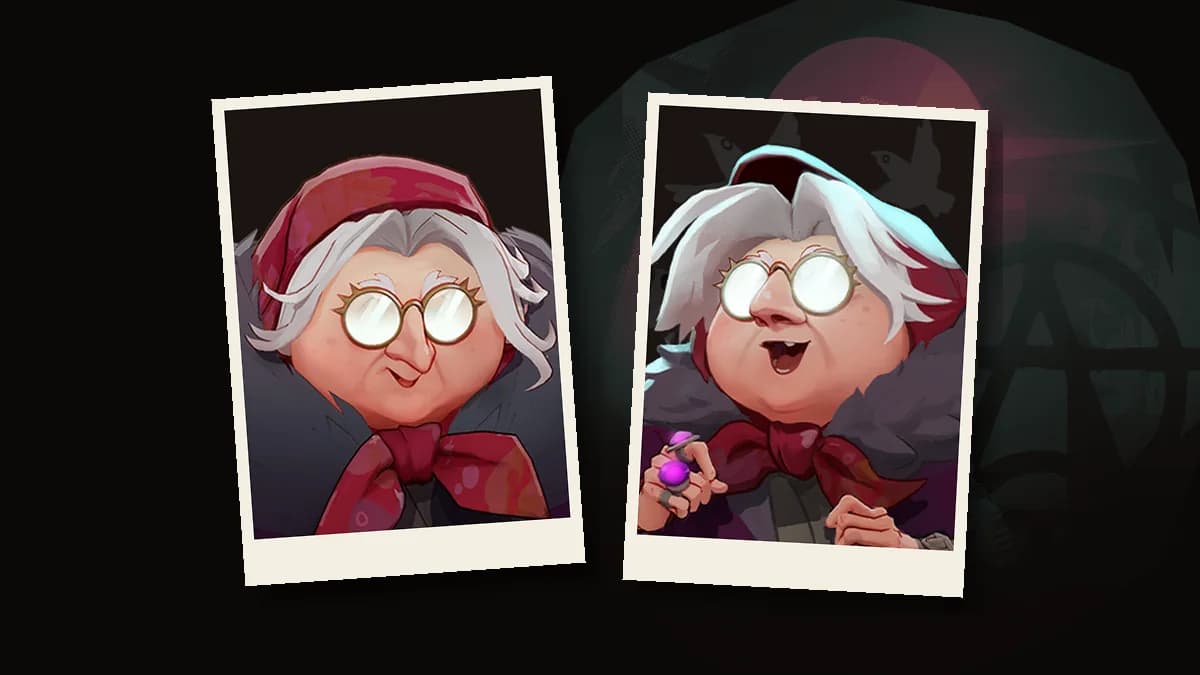 Two hero cards of Baba, the Central Park pigeon lady from Deadlock, in round glasses