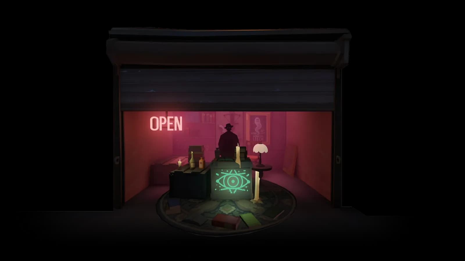 The Broker's pop-up shop with a neon OPEN sign in Deadlock