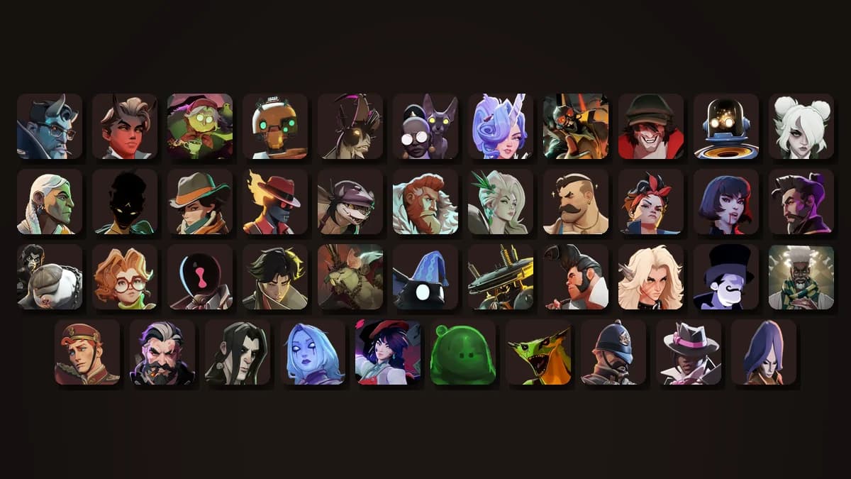 Portraits of 43 Deadlock heroes in a grid