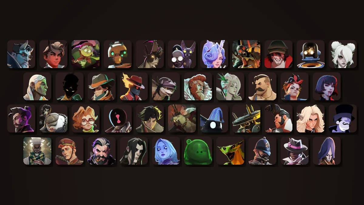 Portraits of 42 Deadlock heroes in a grid