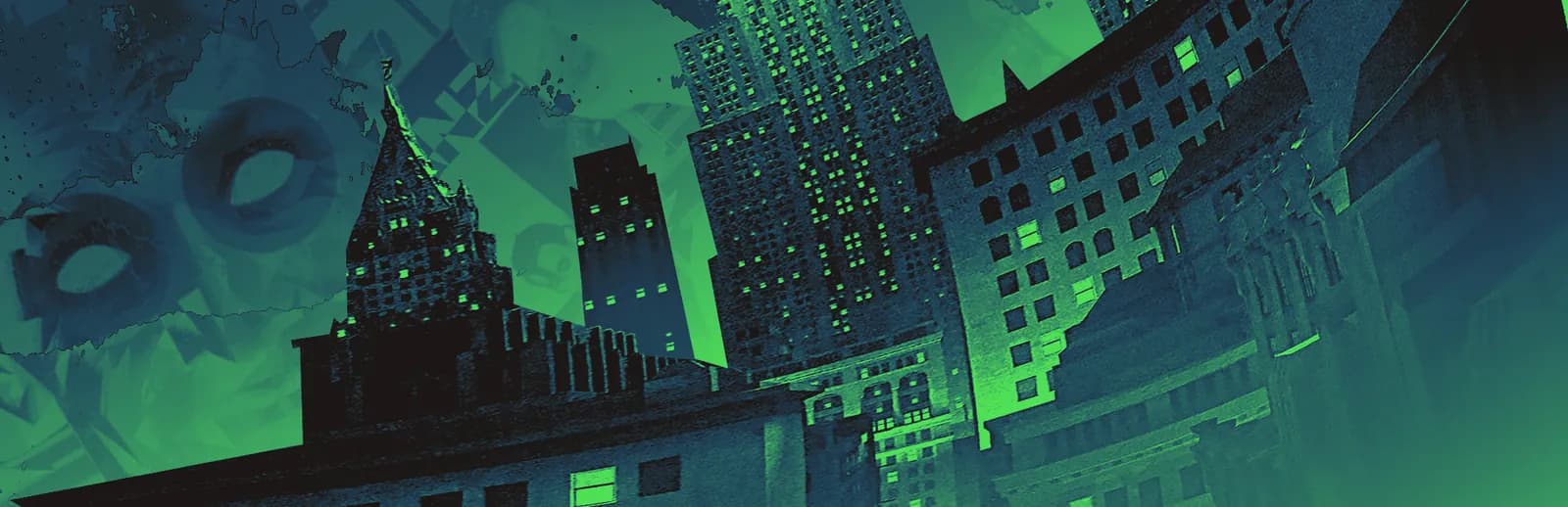 City Never Sleeps banner: Deadlock skyscrapers with ghostly faces at night