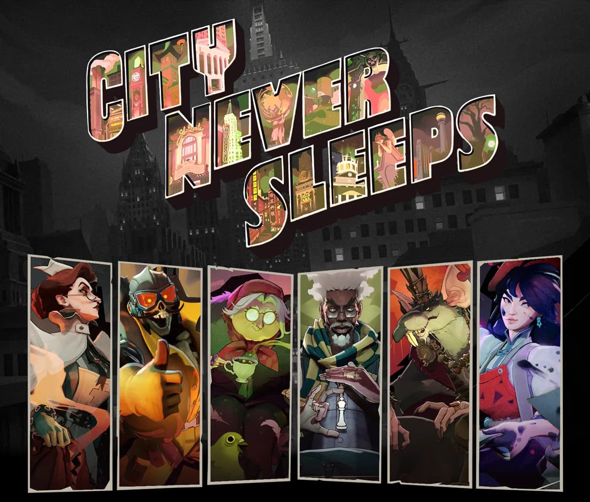 City Never Sleeps logo above the six new Deadlock heroes