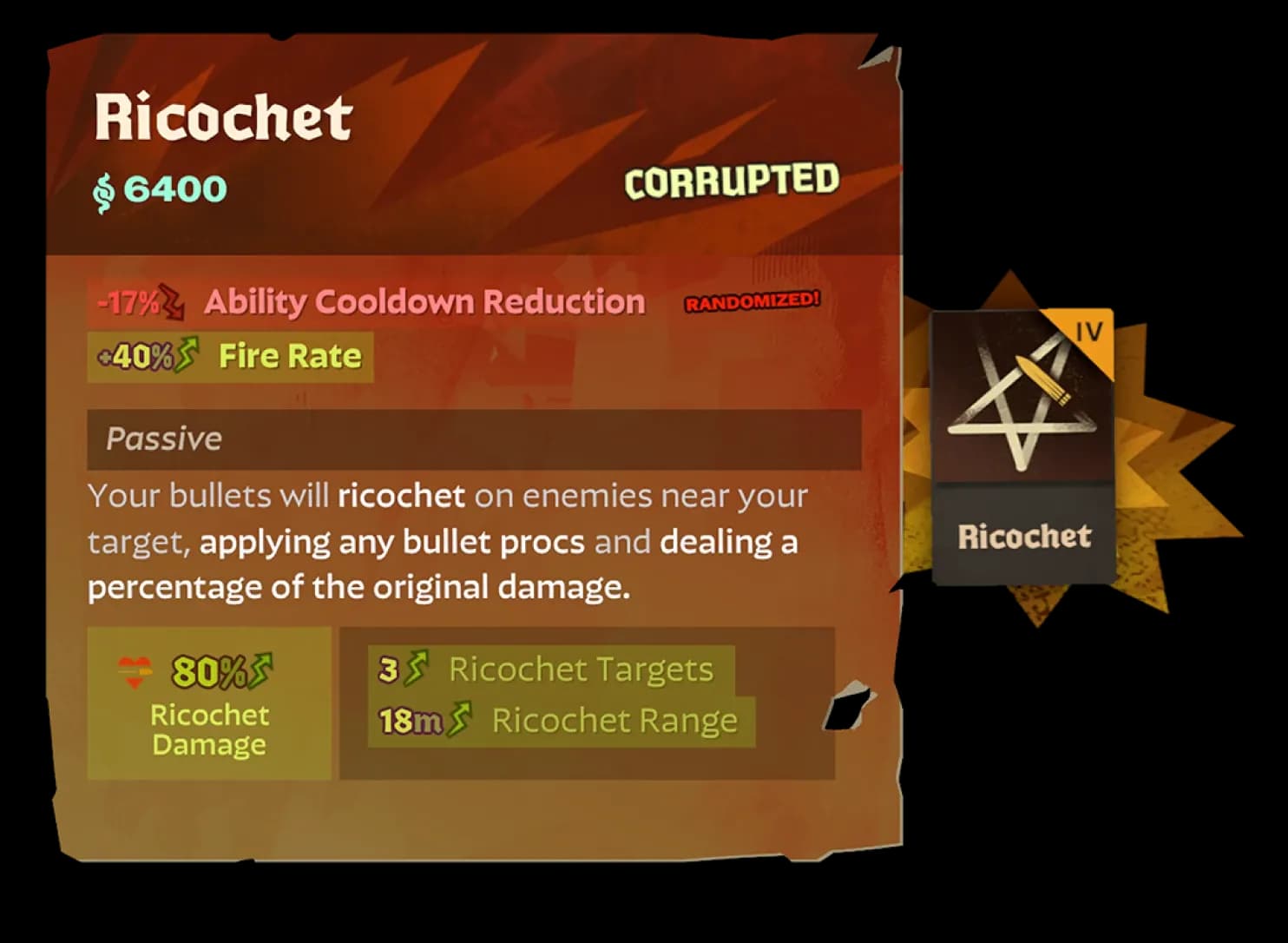 Corrupted Ricochet item card from The Broker