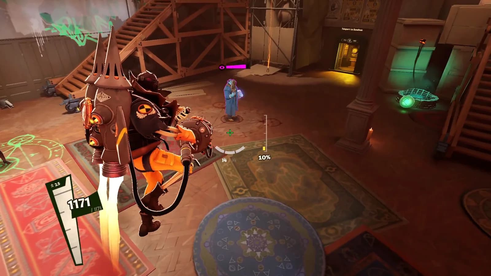 Deadman Danny hovering in the sandbox on his jetpack, with a jet of flame under him and a training bot ahead
