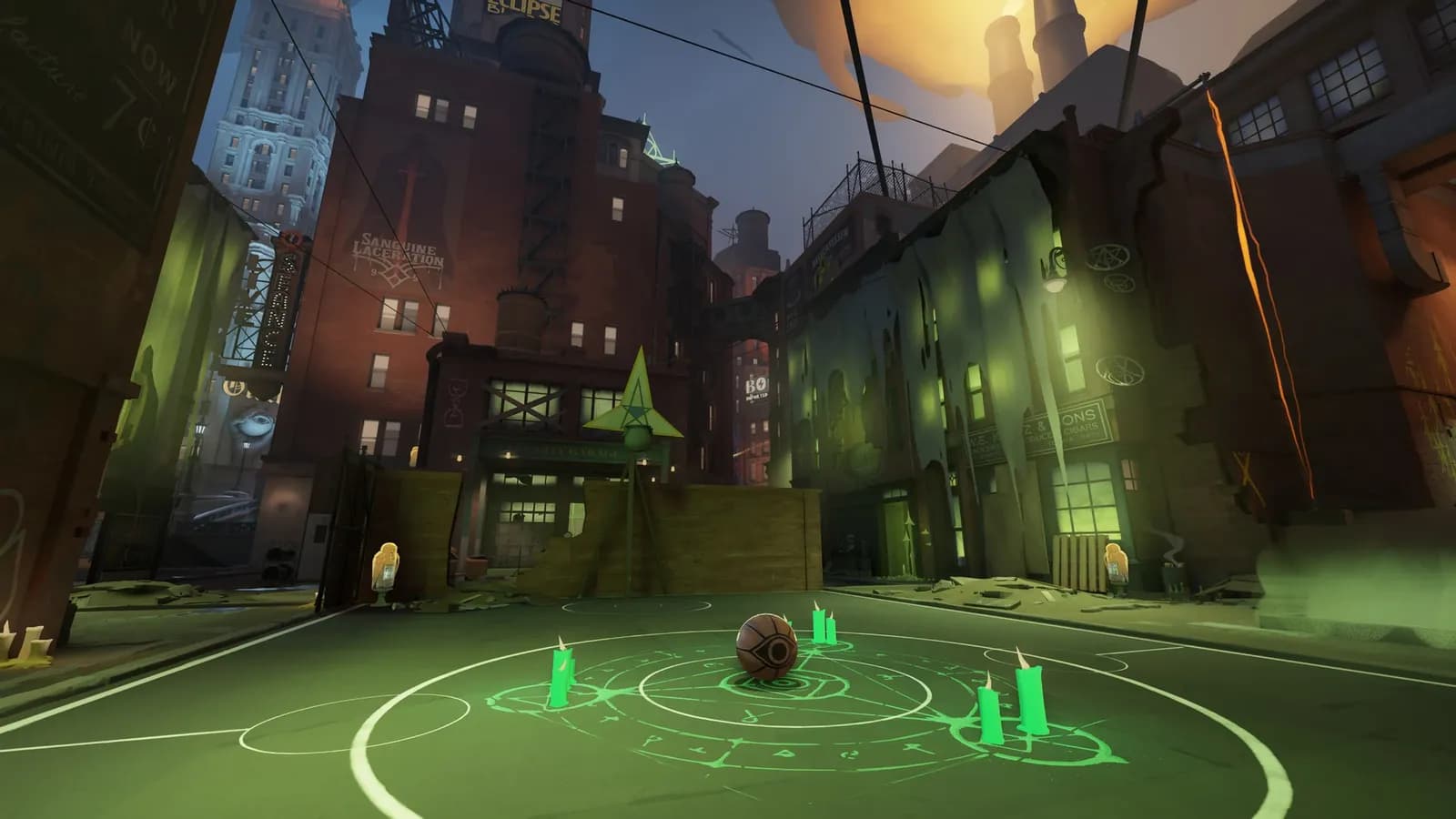 The Haunted Lot district in Deadlock: a basketball court with a green summoning circle and candles