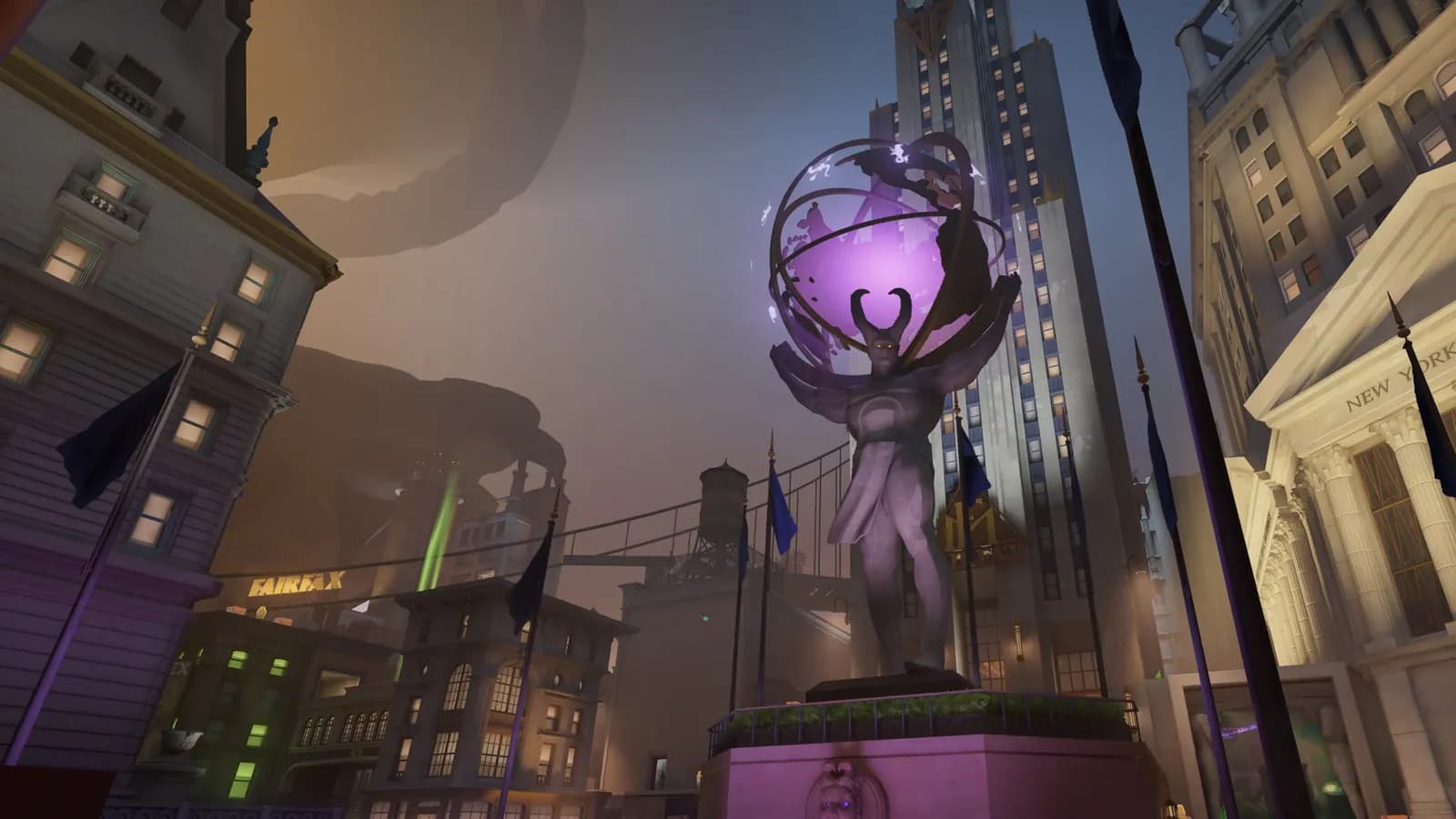 The Plaza district with the Fairfax Industries statue in Deadlock