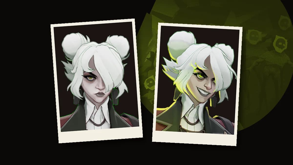 Two hero cards of Graves, Deadlock's teenage necromancer, over art of her skull-masked Deadheads