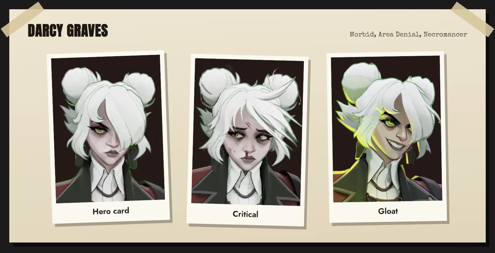 Graves' hero card, critical and gloat portraits from Deadlock: a pale girl with white hair in two buns
