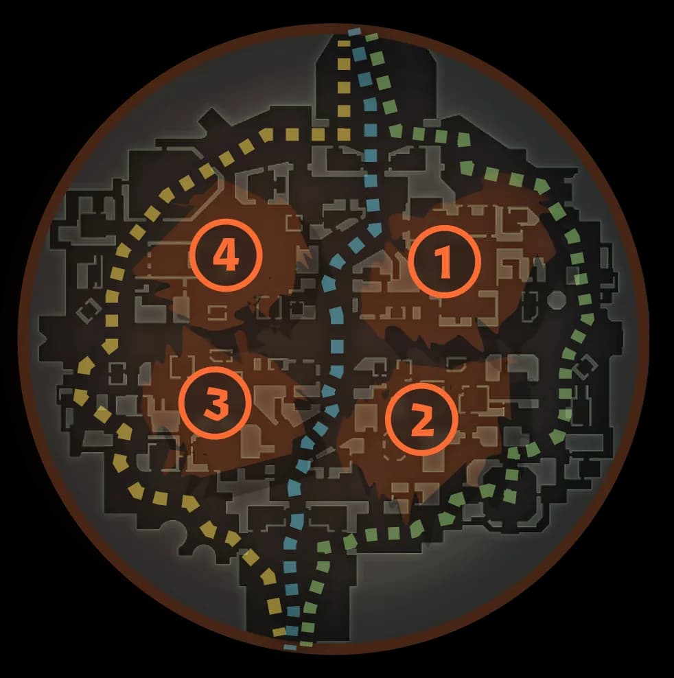 Deadlock minimap with the Theater, Chinatown, Haunted Lot and Plaza districts marked