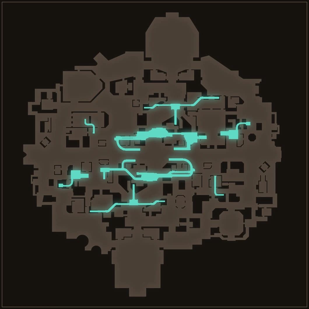 Deadlock minimap with the vent network highlighted in teal across the middle of the city