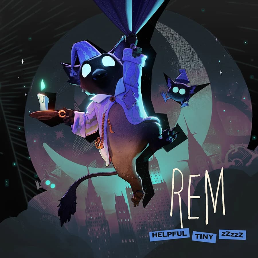 Rem's official splash art: the sleepy dream creature in a nightcap holding a candle, tagged Helpful, Tiny and zZzzZ