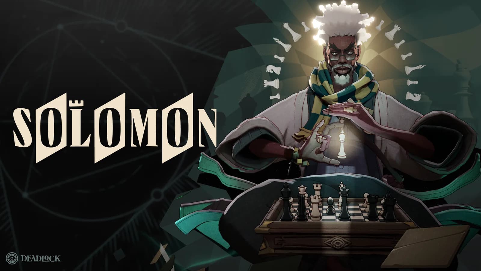 Solomon key art from Valve's Deadlock release announcement: the chess master behind his board