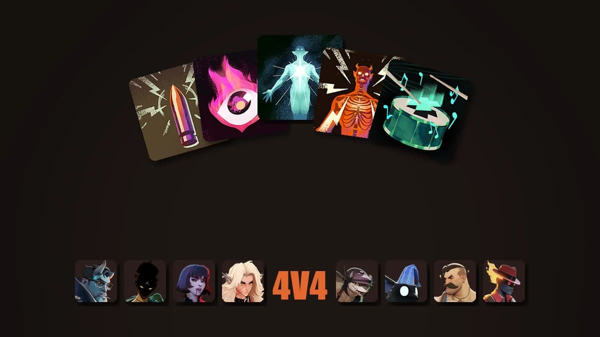 A fan of drafted item cards above two teams of four Deadlock heroes
