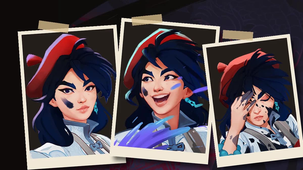 Violet's three hero card portraits pinned to a dark board: calm, laughing with a splash of ink, and wiping ink from her face