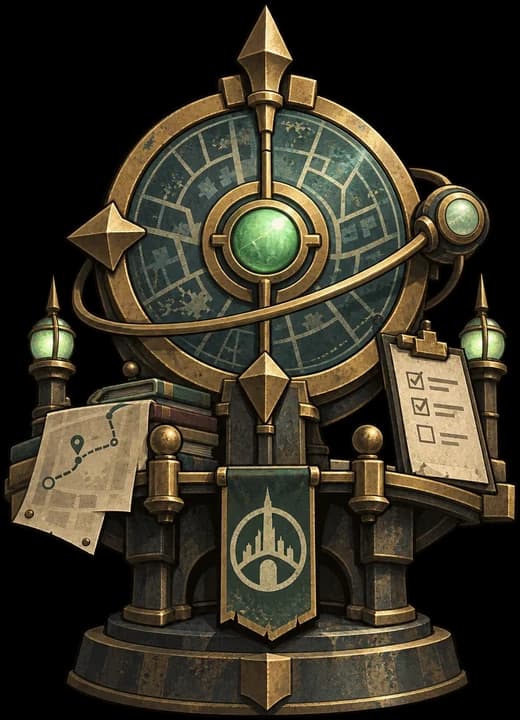 Brass orrery with a city map, a route sheet and a checklist on its pedestal