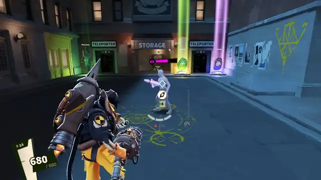 Deadman Danny grabs a training bot, flies above the rooftops and crashes back down, leaving it stunned