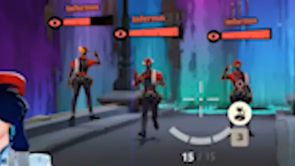 Training bots stand inside Violet's Abstract Landscape, surrounded by walls of purple and teal ink