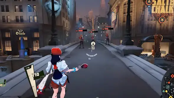 Violet sends a Flow State brush rolling along the street, leaving a teal trail toward the bots