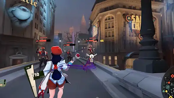 Violet fires empowered Living Ink shots down a street, and the guided bullets burst in red ink on training bots